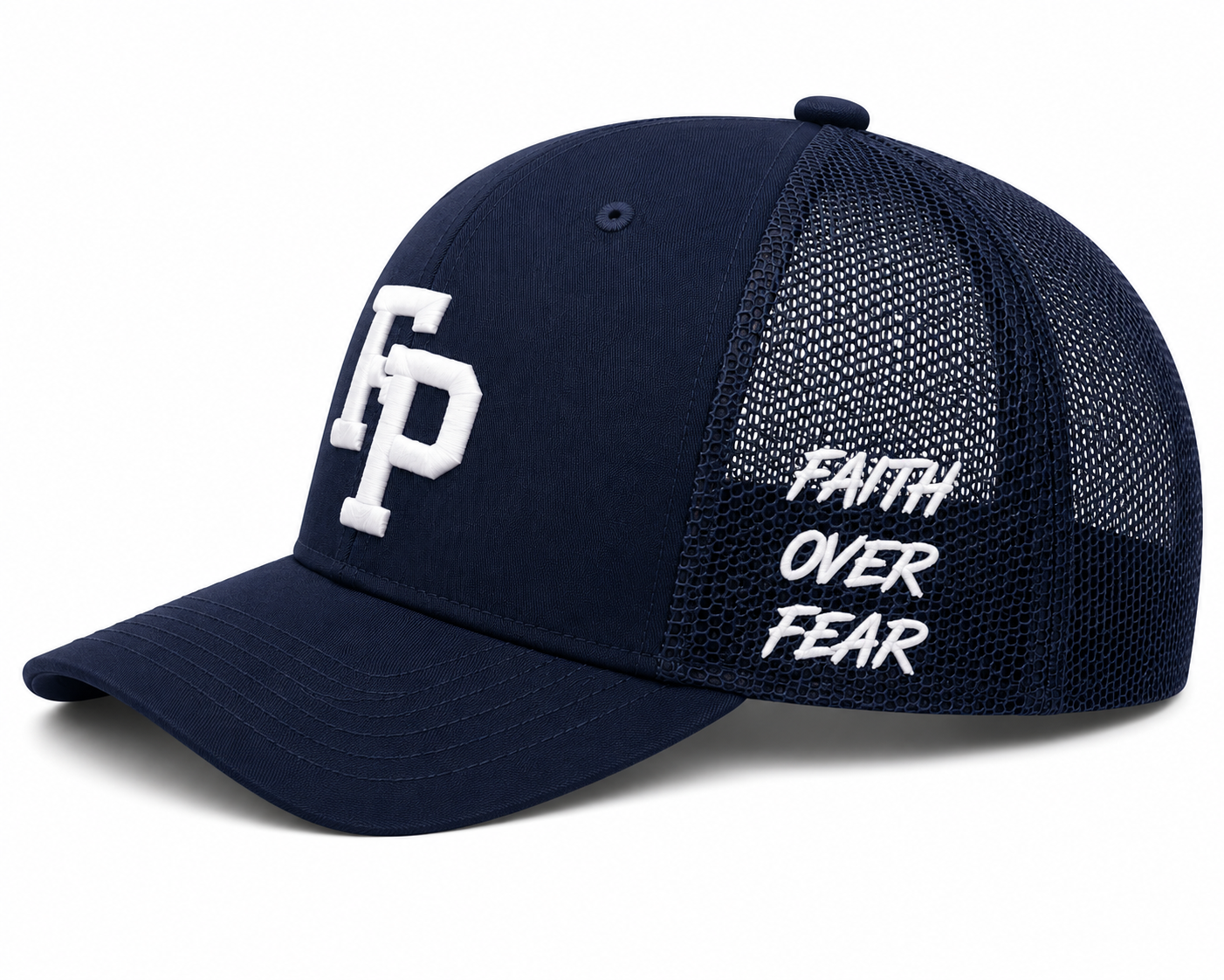 Navy Blue Faith Over Fear Trucker - foreverprosperuk